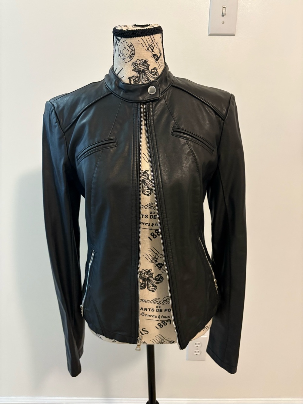 Guess Black Faux Leather Moto Jacket with Snap Collar